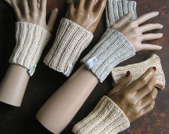Hand knitted wrist warmers cuffs fingerless gloves arm warmers seamless made of natural ecological cotton with alpaca