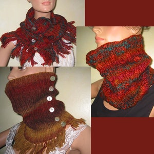 Hand-knitted wool collar round scarf loop turtleneck scarf neck warmer with fringes and 6 vintage buttons or with ribs and cable pattern