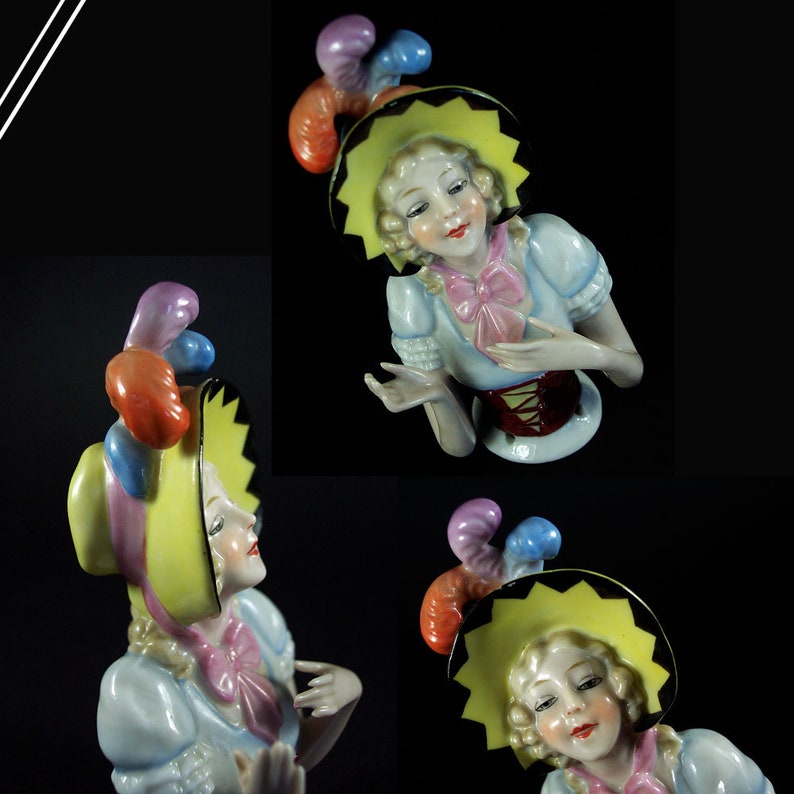 Vintage Antique 12.5 Cm Large Porcelain Figurine Tea Doll Half Doll Pin Cushion With Hat and