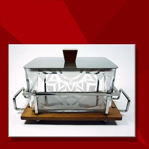 Vintage antique Art Deco cubist lidded jar, glass pastry box with geometric pattern, chrome wood tray from France, industrial design