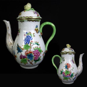 Vintage antique porcelain coffee pot lidded pot by HEREND Queen Victoria hand painted with rose knob butterfly floral with green rim