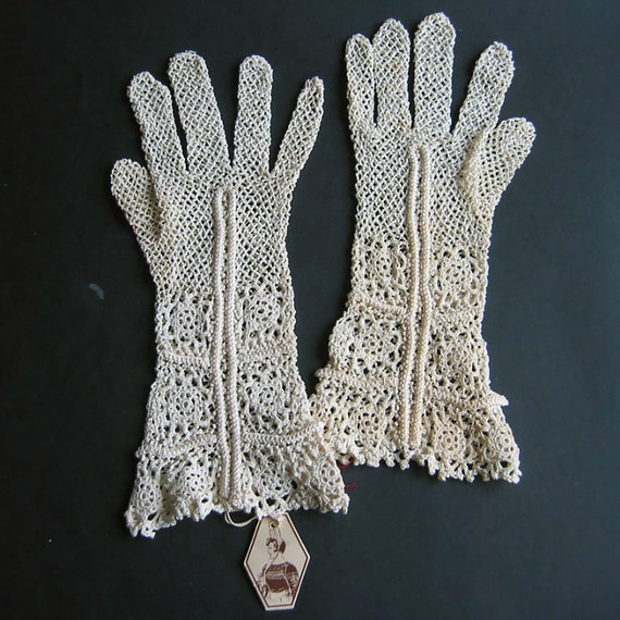 Vintage antique crocheted long women's net gloves… - image 1