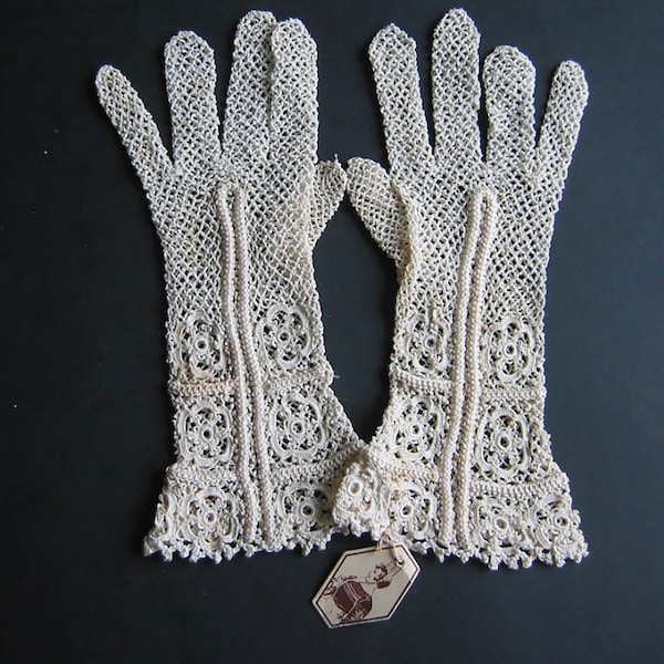 vintage antique crocheté longs gants en filet pour femmes ou gants pour filles en taille 7 crochet irlandais gipure marque originale IRELANDE Garanti