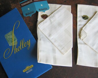 Vintage 4 antique men's handkerchiefs by SHELLEY Tissgarlux Tissu Garanti Boussac with original label care instructions in original packaging