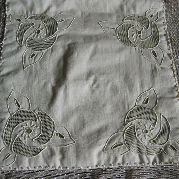 Vintage antique linen Art Nouveau nightgown pocket pillowcase cushion cover with embroidery and tulle lace France around 1900 ~ handmade