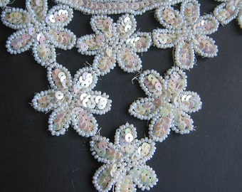 Vintage antique French beaded sequin collar insert applique small white beads with sequins pink shimmers couturier theater