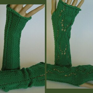 Chauffe-bras mérinos tricotés à la main, chauffe-poignets, gants sans doigts, chauffe-mains en vert à 50 % de laine mérinos avec du coton et un fil vintage