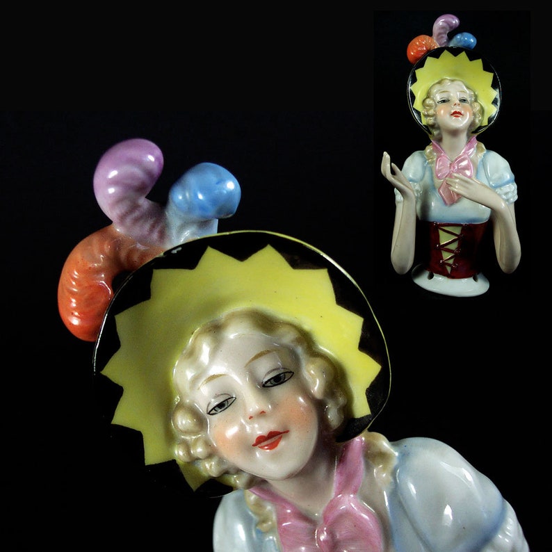 Vintage Antique 12.5 Cm Large Porcelain Figurine Tea Doll Half Doll Pin Cushion With Hat and