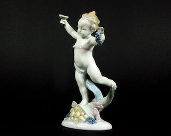 Vintage antique porcelain Bachus figure statue dancing putto angel AUTUMN from the four seasons by Metzler & Orloff Thuringia Ilmenau