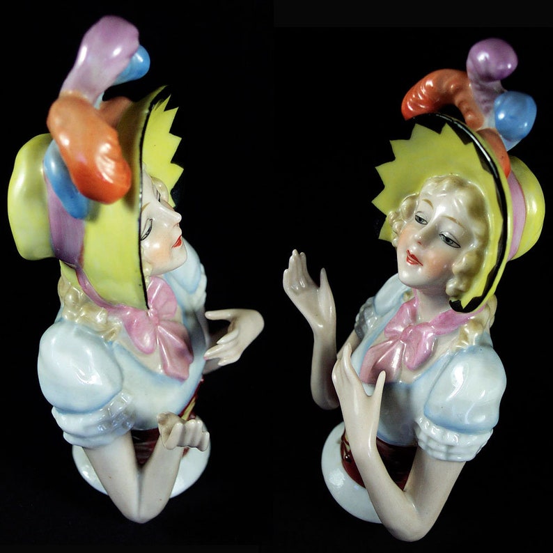 Vintage Antique 12.5 Cm Large Porcelain Figurine Tea Doll Half Doll Pin Cushion With Hat and