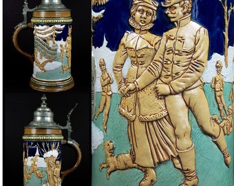 Vintage antique stoneware beer mug beer tankard mug tankard pewter lid Hauber & Reuther Freising ice skate waltz angel runner dog