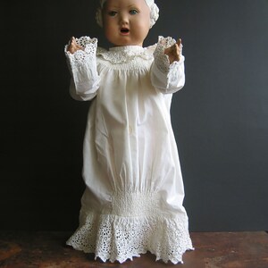 Vintage Handmade Antique French Baby Christening Gown Linen Cotton with Lace Monogram A SMODS Decorative Stitching Unisex Gender Neutral