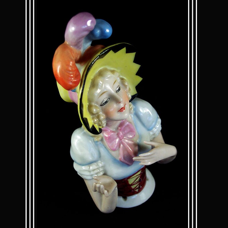 Vintage Antique 12.5 Cm Large Porcelain Figurine Tea Doll Half Doll Pin Cushion With Hat and