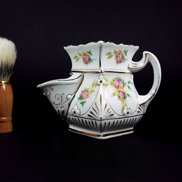 Vintage antieke decoratieve porseleinen scheerset scheerbeker voor nat scheren zeepbakje rozendecoratie baardverzorging accessoire Duitsland 1900