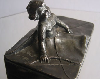 Vintage antique Art Nouveau angel putto cupid from the love letter paperweight pewter probably WMF unmarked arts and crafts