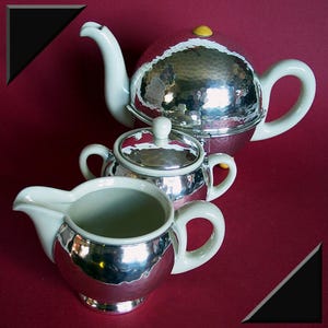 Vintage antique Art Deco WMF set tea / mocha pot milk jug sugar bowl D.R.P. Bauscher Weiden Germany US Zone insulating cover hammered
