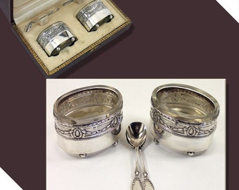 Vintage 2 antique French silver saucers with crystal glass insert 2 spoons Hermes head by Charles Forgelot Paris in original box