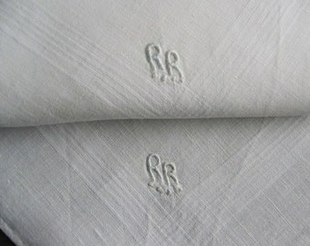 Vintage 2 antique men's handkerchiefs made of fine linen with monogram RR handmade also for ladies or tea napkin clappers doily