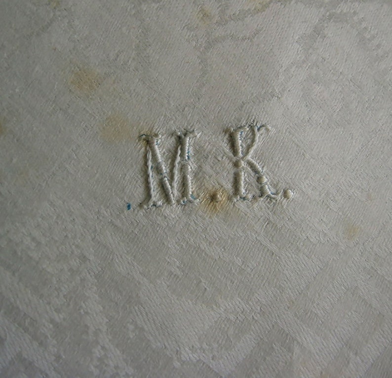 Vintage-6 Art Nouveau linen napkins-in-the-original-state-monogram MK-large English roses with leaves-meanders-France around 1900