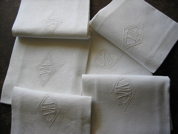 Vintage-6 Art Nouveau linen napkins-in-the-original-state-monogram MK-large English roses with leaves-meanders-France around 1900