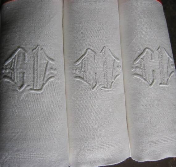 Vintage-6 Art Nouveau linen napkins-in-the-original-state-monogram MK-large English roses with leaves-meanders-France around 1900