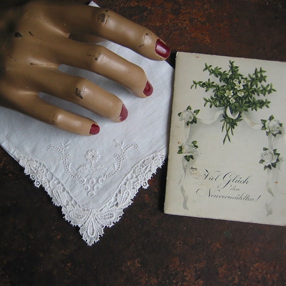 Vintage antique floral fine linen wedding handkerchief tea napkin doily with embroidery lace France circa 1950