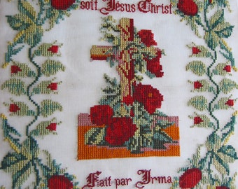 Vintage original old antique embroidery sampler ABC sampler Religious representation: Loué soit Jésus Christ Faith par Irma 1898 in cross stitch