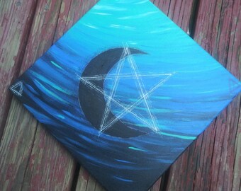 Original Acrylic Painting. Blue & Black Cresent Moon and Star.