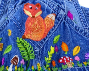 Baby Gap denim overalls hand embroidered woodland theme with sweet little fox and colorful mushrooms. Size 3 yrs. Front & back designs
