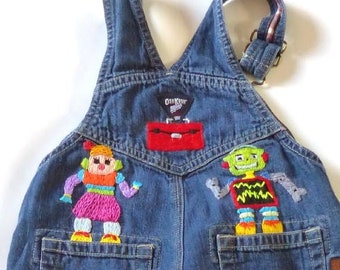 Osh Kosh B'gosh baby denim snap legs overalls,24 mo. Hand stitched unisex robots & shop tools embroidery.  One of a kind design