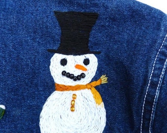Embroidered fashion winter theme hand embroidered denim jean jacket. Snowflakes, snowmen & mittens. Kids XL One of a kind design