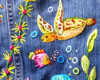 Hand designed & embroidered underwater world aquarium fish denim jean jacket. Upcycled  size 10-12 Old Navy.