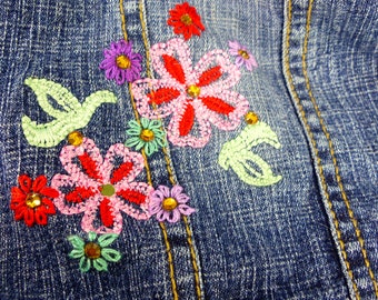 Boho upgraded embroidered Junior size 10-12 stretch denim jean jacket. Red, aqua & blue with sparkles. One of a kind design.