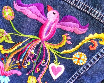 Hand embroidered Gasoline kid's medium jean jacket. BoHo bird & flower design with crystal bead details. One of a kind unique design.