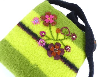 Beaded leather flower design on both sides, felted and embroidered wool shoulder bag in lime green, pistachio, black & maroon. BoHo bag