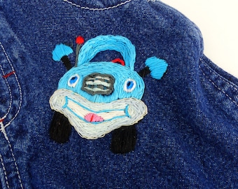 Osh Kosh B'gosh baby denim snap legs overalls, 3 mo. Hand stitched embroidered little car designs. Baby gear head. One of a kind design