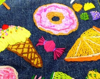 Sweet treats design hand embroidered and beaded quality denim OshKosh jean jacket. 4T  detail on pocket and cuffs. One of a kind design