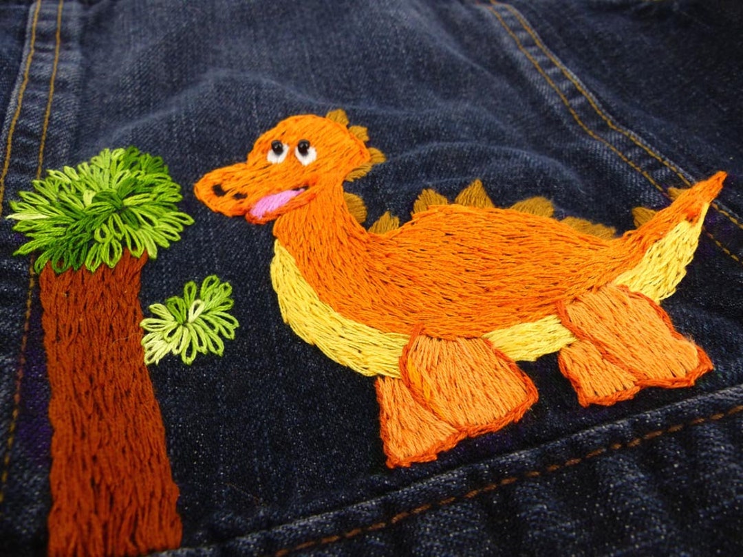 Hand Embroidered Dinosaur Theme Kid's Boy or Girl Denim Etsy