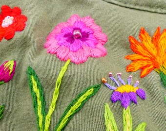 Thereabouts brand XL army green cotton jacket hand embroidered flowers & beads. Little butterfly and bee. Front flap and slit side pockets.