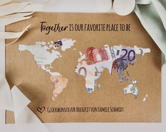 Personalisiertes Hochzeitsgeschenk *Weltkarte* als Geldgeschenk // wedding gifts // Hochzeit #Together is our favorite place