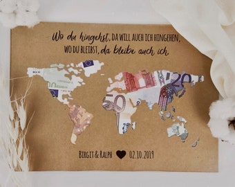 Personalized wedding gift *world map* as a cash gift // wedding gifts // Wedding #Where you go