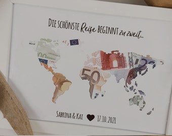 Personalisiertes Hochzeitsgeschenk *Weltkarte* als Geldgeschenk // wedding gifts // Hochzeit #Die schönste Reise