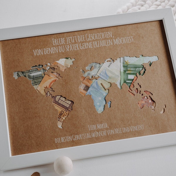 Personalisiertes Geburtstagsgeschenk *Weltkarte* mit Bilderrahmen // Geldgeschenk #Erlebe jetzt die Geschichten...