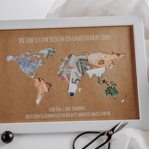 Personalisiertes Hochzeitsgeschenk *Weltkarte* mit Bilderrahmen als Geldgeschenk // wedding gifts // Hochzeit #Die Liebe ist eine Reise