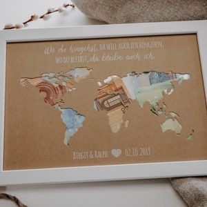 Personalisiertes Hochzeitsgeschenk *Weltkarte* mit Bilderrahmen als Geldgeschenk // wedding gifts // Hochzeit #Wo du hingehst