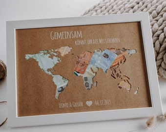 Personalisiertes Hochzeitsgeschenk *Weltkarte* mit Bilderrahmen als Geldgeschenk // wedding gifts // Hochzeit #Gemeinsam die Welt erobern
