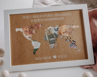 Regalo de boda personalizado *mapa del mundo* con marco de imagen como regalo en efectivo // regalos de boda // boda #viaje de descubrimiento