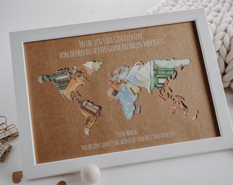 Personalisiertes Geburtstagsgeschenk *Weltkarte* mit Bilderrahmen // Geldgeschenk #Erlebe jetzt die Geschichten...