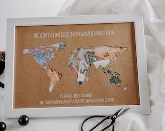Personalisiertes Hochzeitsgeschenk *Weltkarte* mit Bilderrahmen als Geldgeschenk // wedding gifts // Hochzeit #Die Liebe ist eine Reise