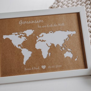 Personalisiertes Hochzeitsgeschenk Weltkarte mit Bilderrahmen als Geldgeschenk // wedding gifts // Hochzeit Gemeinsam bis ans Ende der romantisch - weiß